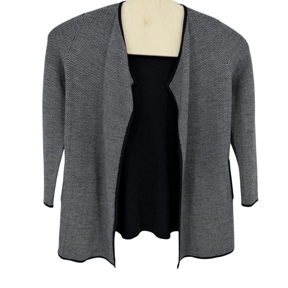 Talbots Cardigan Women Medium Black Grey Merino Wool Herringbone Open Front